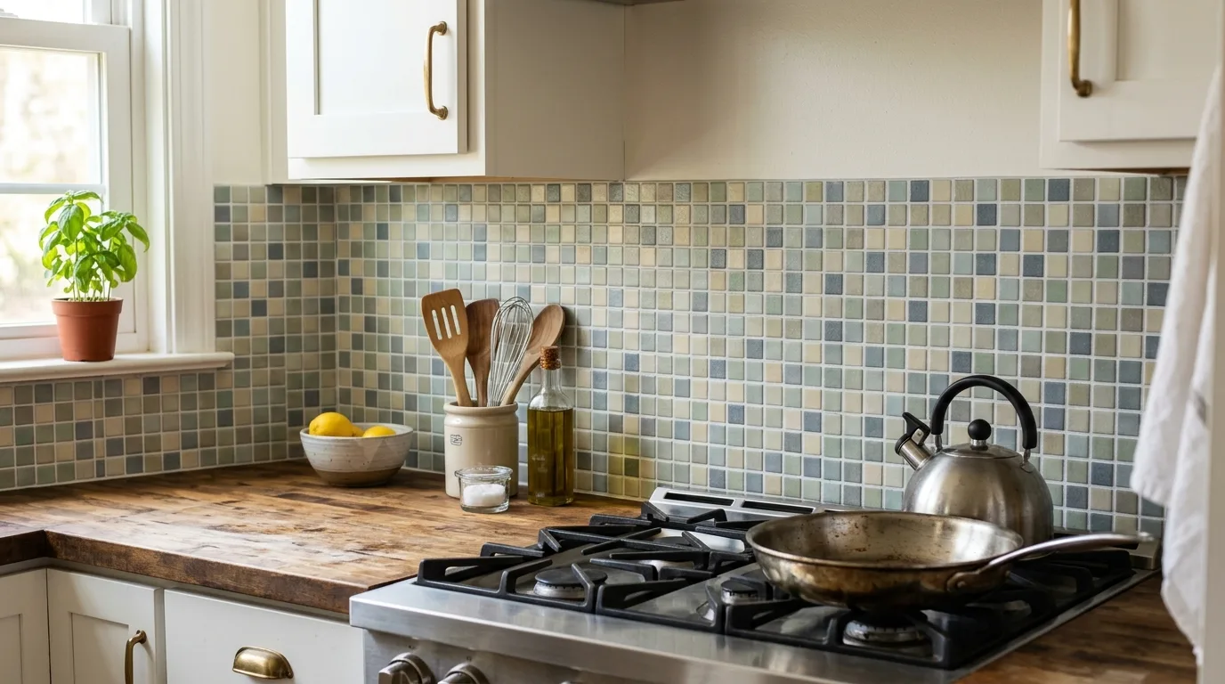 Peel-and-stick mosaic tile backsplash in a kitchen